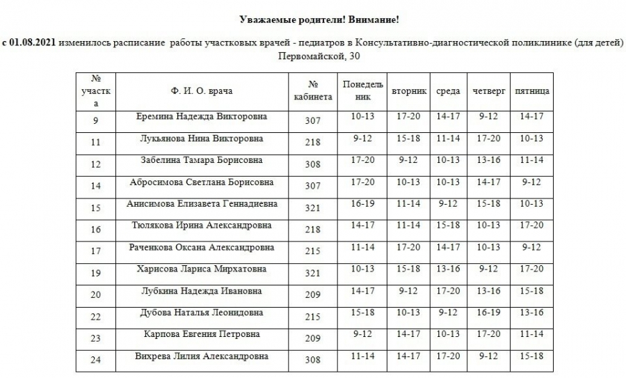 Изменилось расписание работы участковых врачей-педиатров в КДП (для детей) Изменилось расписание работы участковых врачей-педиатров в КДП (для детей)